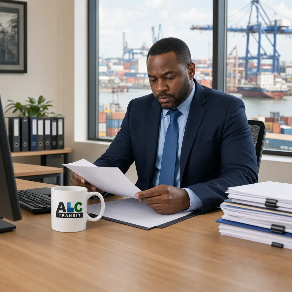 Commissionnaire en douane préparant un dossier d'import-export à Douala