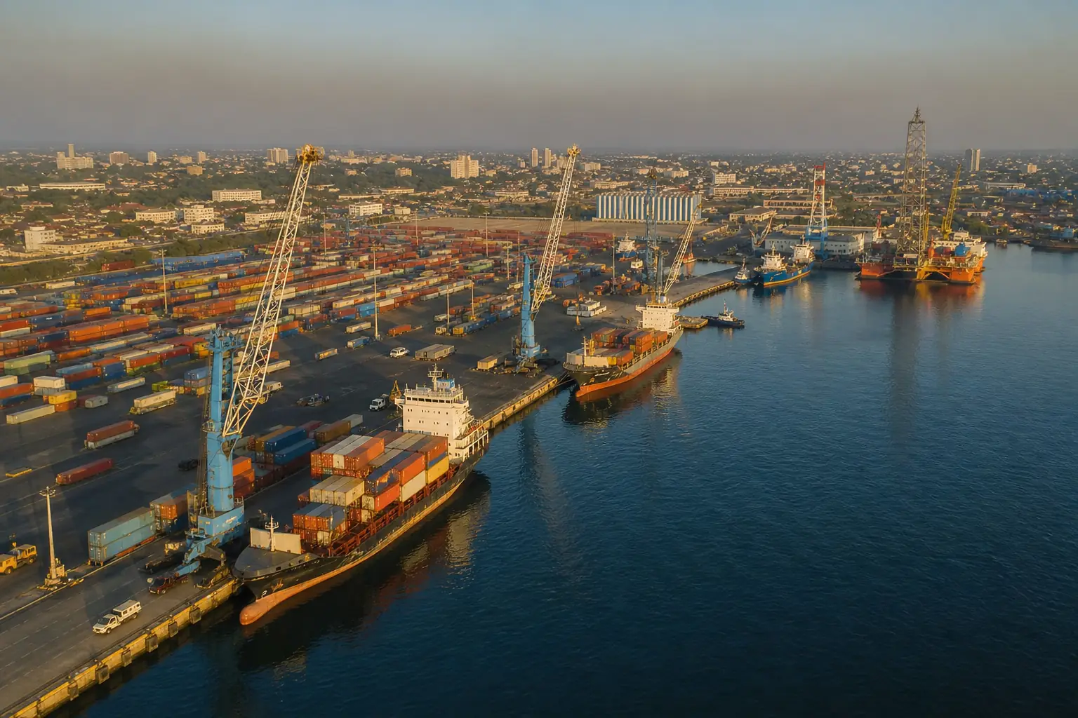 Vue aérienne de terminaux portuaires en Afrique centrale