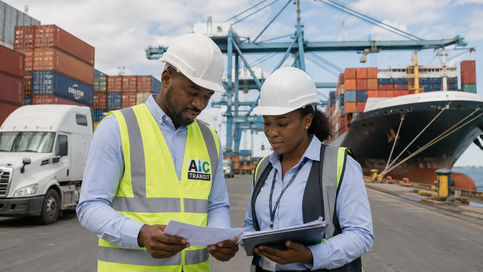 Agents ALC Transit vérifiant la liasse documentaire sur le terminal portuaire