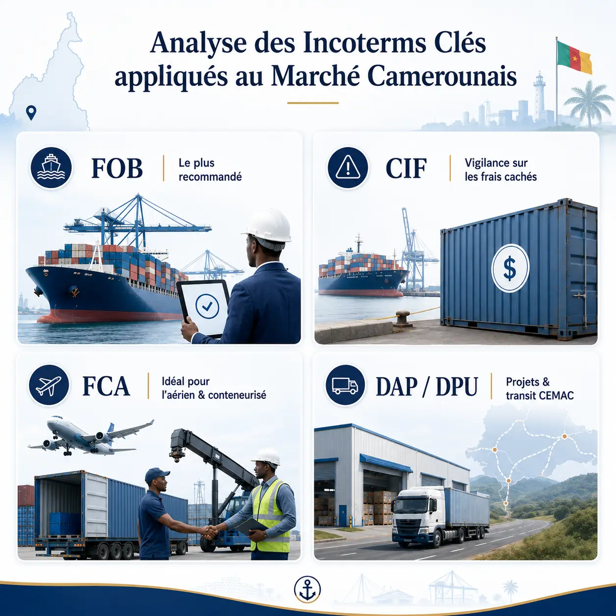 Infographie FOB, CIF, FCA et DAP / DPU appliqués au marché camerounais