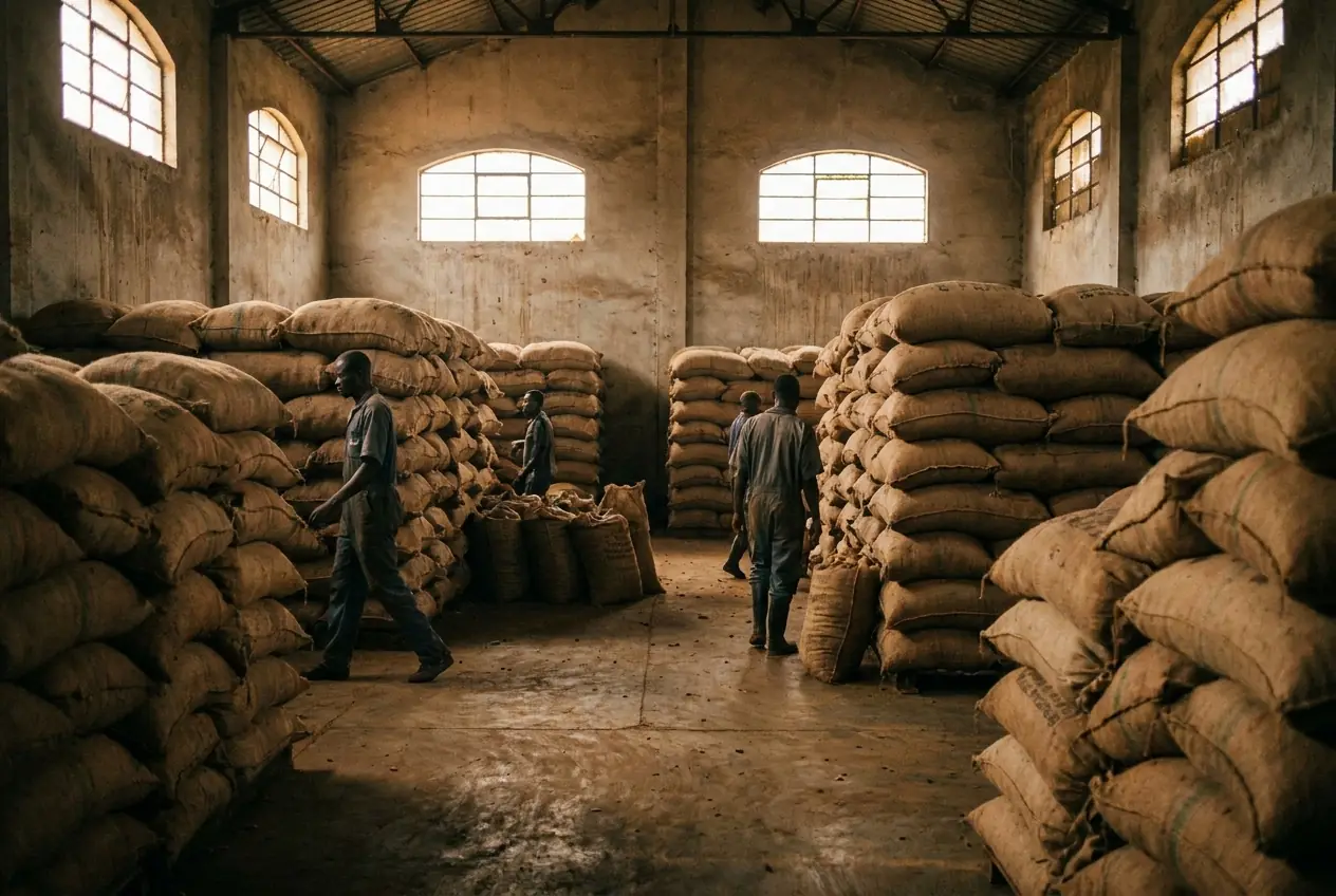 Sacs de cacao prets a l'export dans un entrepot au Cameroun