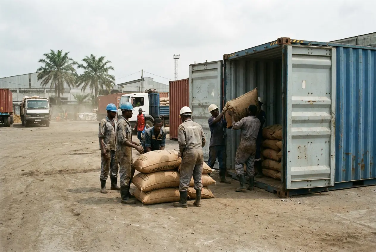 Chargement de cacao dans un conteneur a Douala