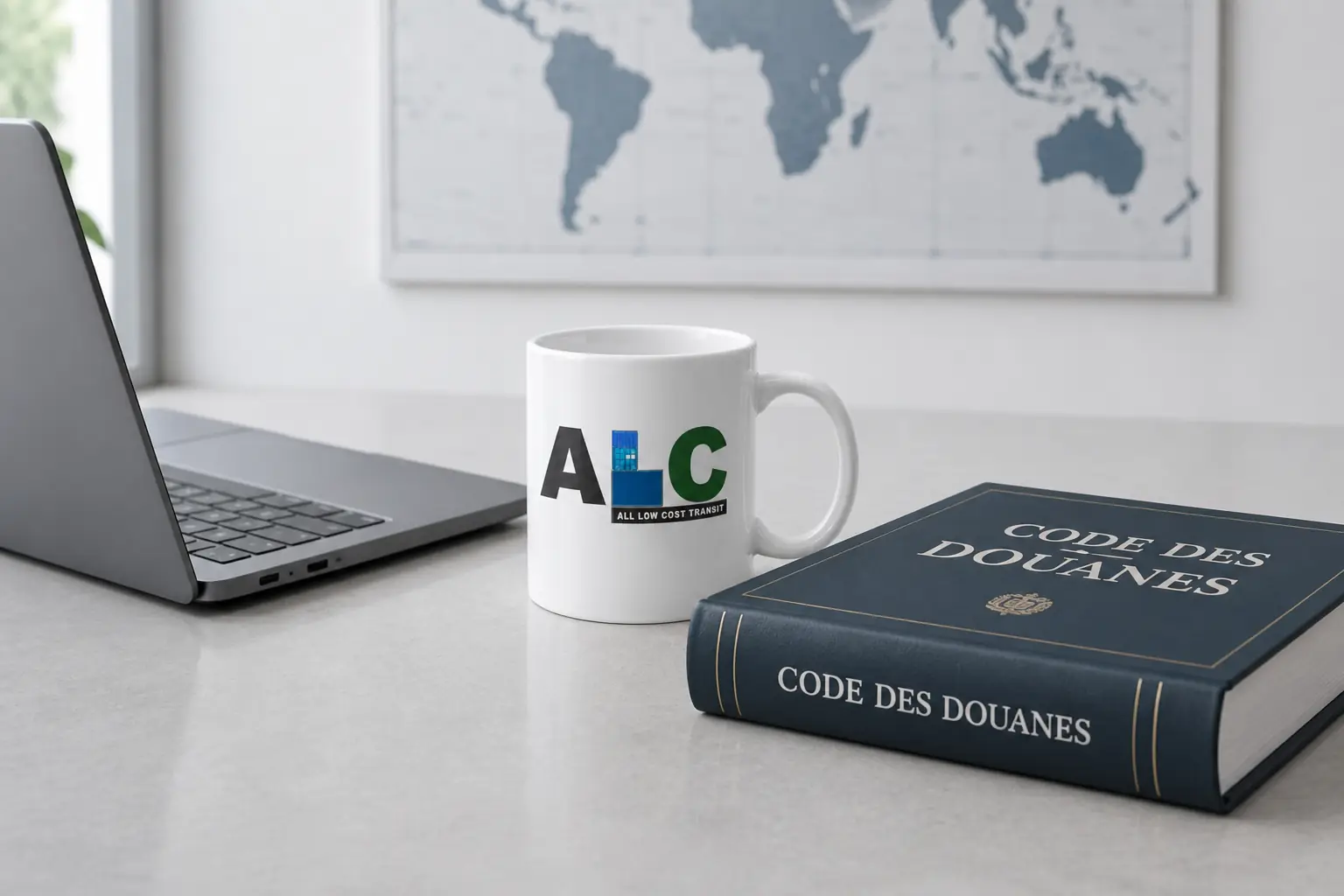 Bureau ALC : ordinateur, tasse et Code des douanes