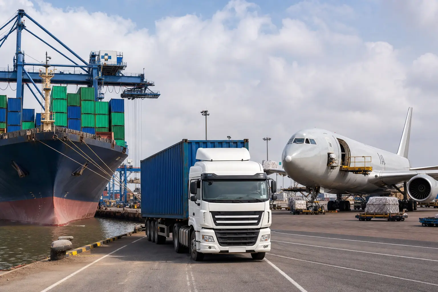 Transport multimodal : camion, avion cargo et navire porte-conteneurs